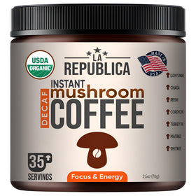 LRLA Superfoods La Republica Decaf mushroom coffee bottle pour for quick morning energy