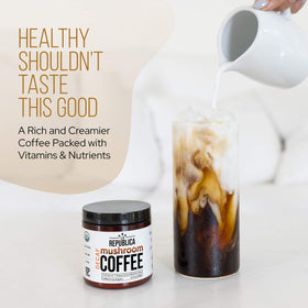 LRLA Superfoods La Republica Decaf mushroom coffee cup steaming for a smooth energy boost