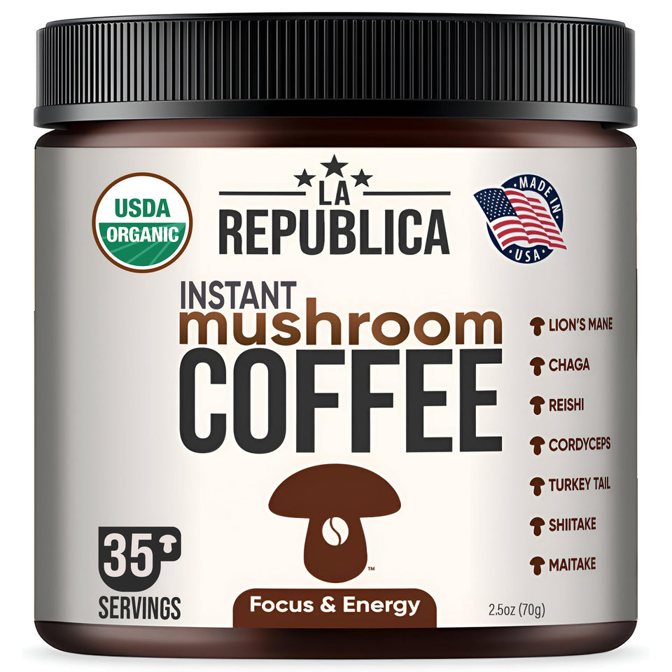 LRLA La Republica instant mushroom coffee packaging shows organic blend for clean energy