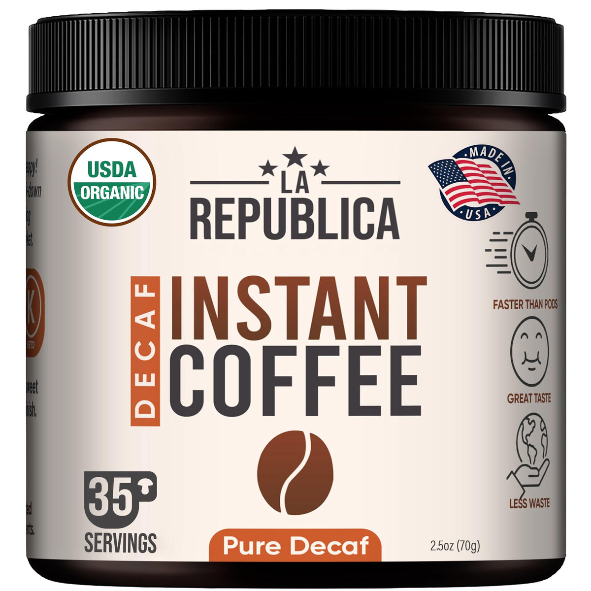LRLA Superfoods La Republica Organic Decaf Instant Coffee jar for easy, on-the-go use.