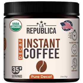 LRLA Superfoods La Republica Organic Decaf Instant Coffee jar for easy, on-the-go use.