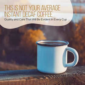 Pouring LRLA La Republica Decaf Instant Coffee into a cup for hot or cold drinks.