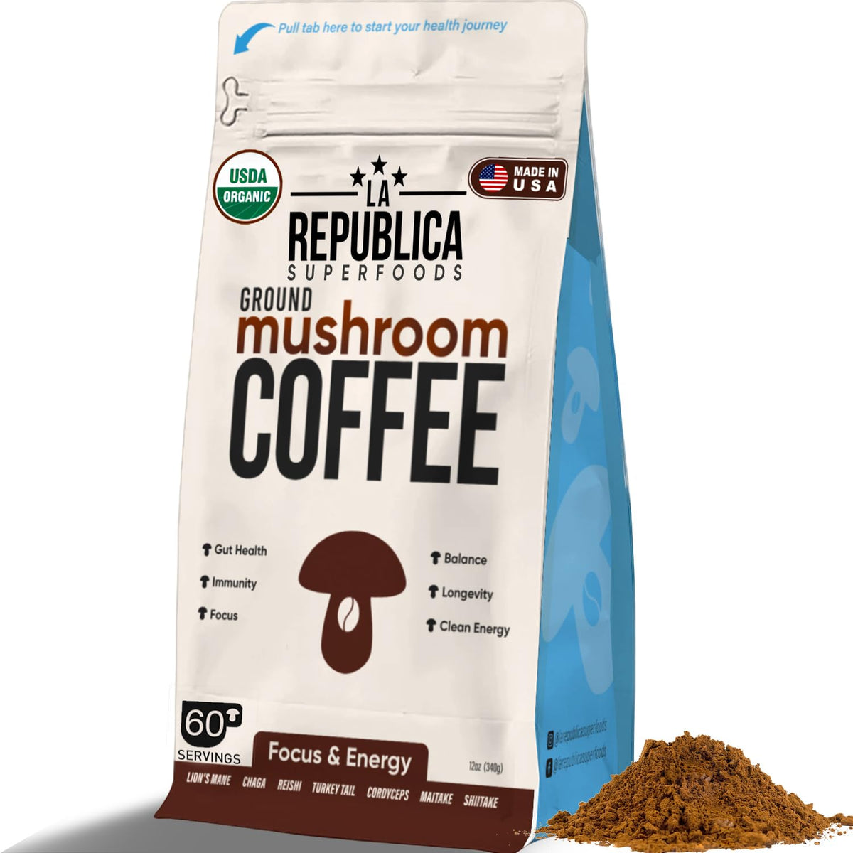 LRLA Superfoods La Republica mushroom coffee bag with rich aroma for mornings.