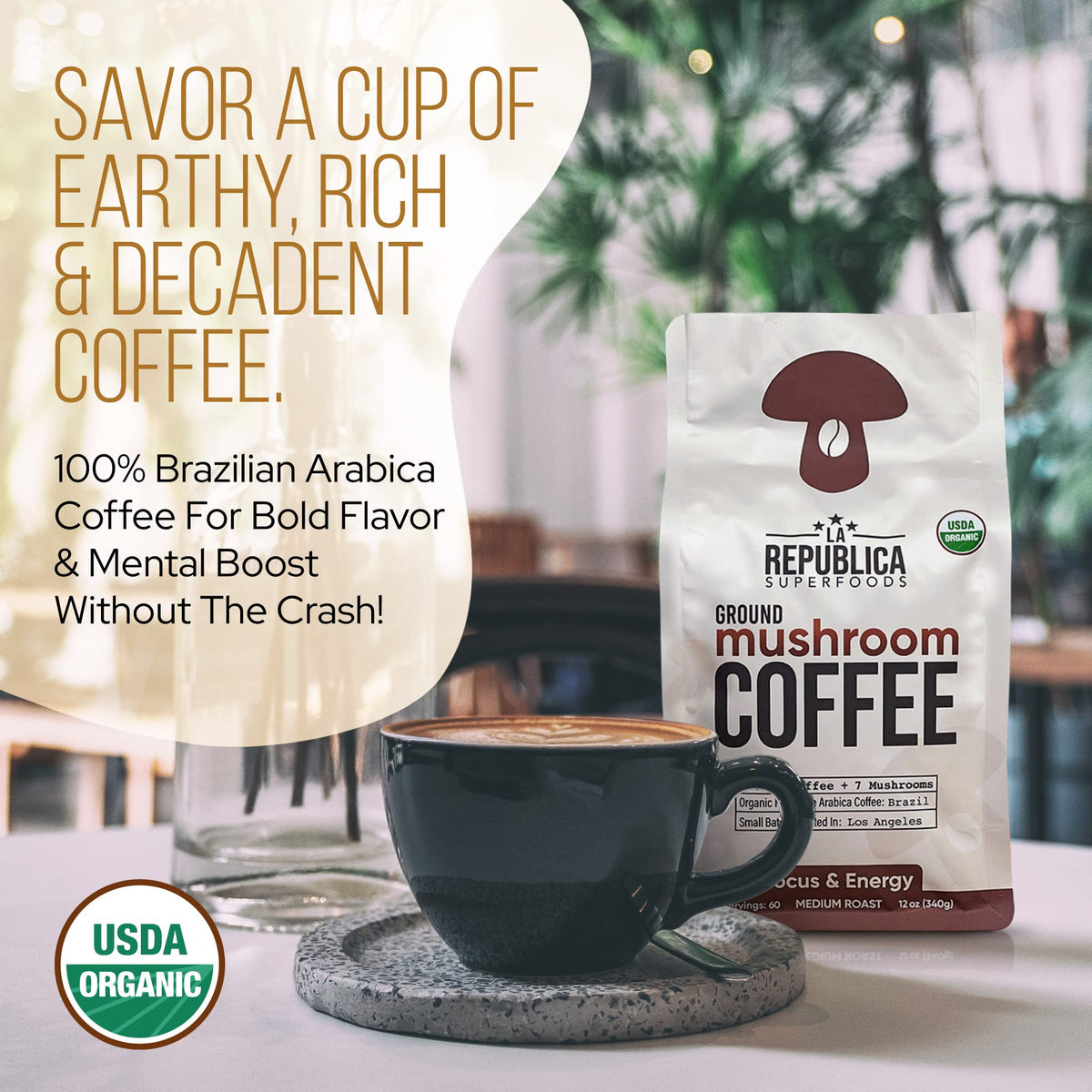 LRLA Superfoods La Republica mushroom blend close-up for seven adaptogens and focus.