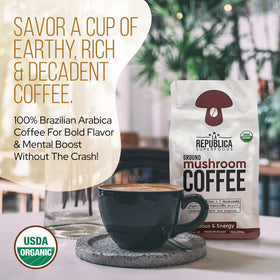 LRLA Superfoods La Republica mushroom blend close-up for seven adaptogens and focus.