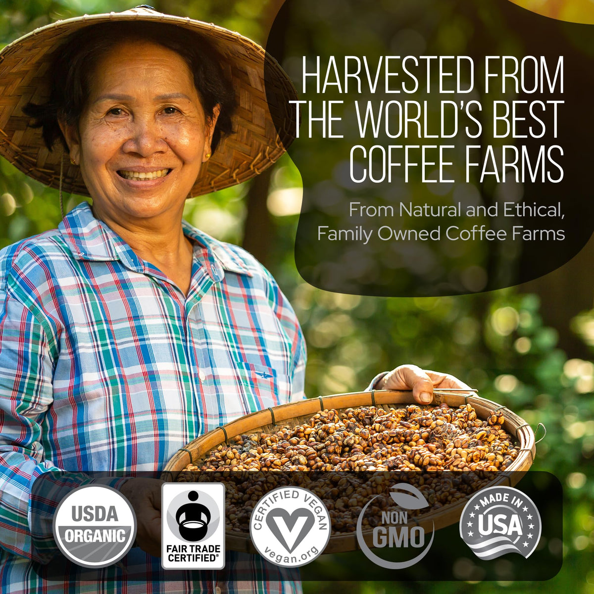LRLA Superfoods Reserve Arabica beans macro shot for smooth, low-caffeine energy.