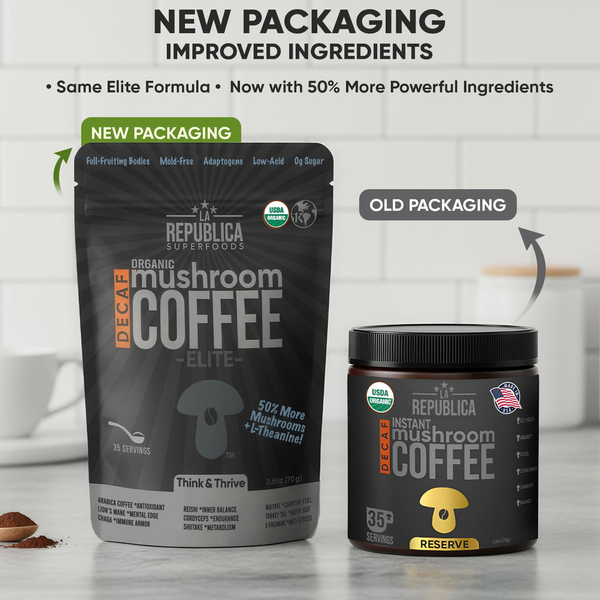 LRLA Superfoods Reserve Mushroom Coffee bag highlights organic blend for rich flavor and steady energy.