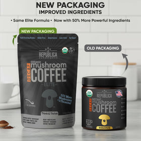LRLA Superfoods Reserve Mushroom Coffee bag highlights organic blend for rich flavor and steady energy.