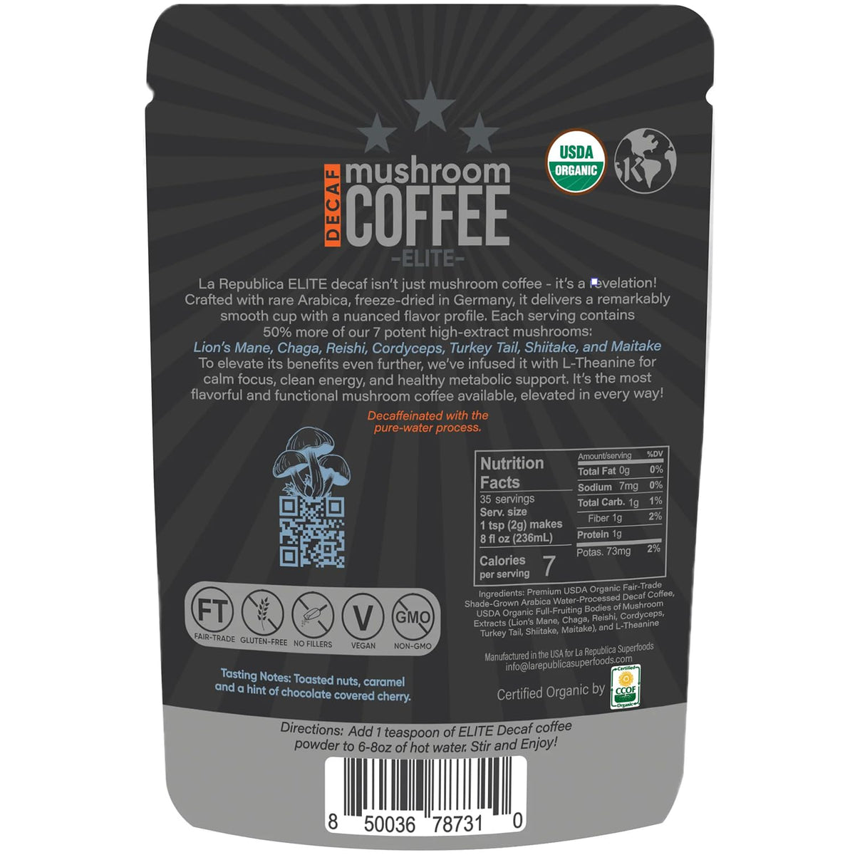 LRLA Superfoods Reserve Seven Mushrooms close-up showcases antioxidant-rich ingredients.