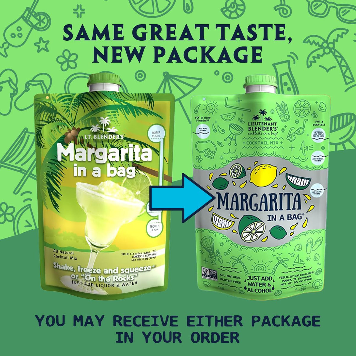 Ideal for entertaining or outdoor adventures with Lt. Blender Margarita in a Bag.