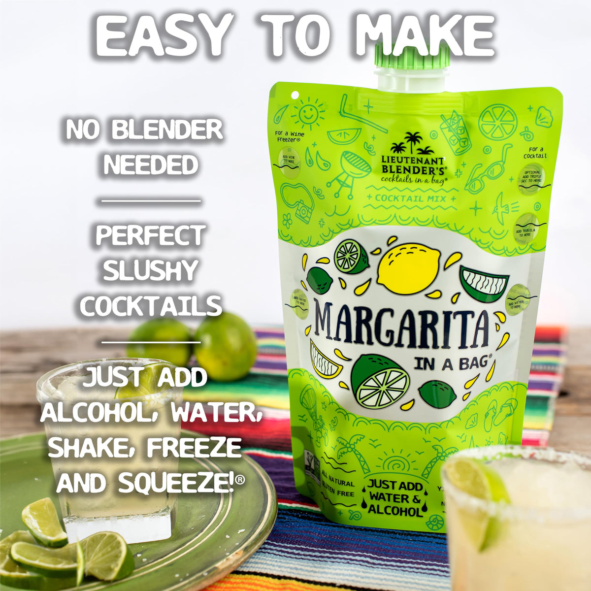Lt. Blender Margarita in a Bag served in a glass with bright lime.