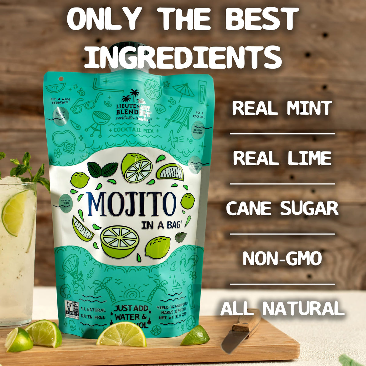 Fresh ingredients in Mojito in a Bag: lime, mint, cane sugar