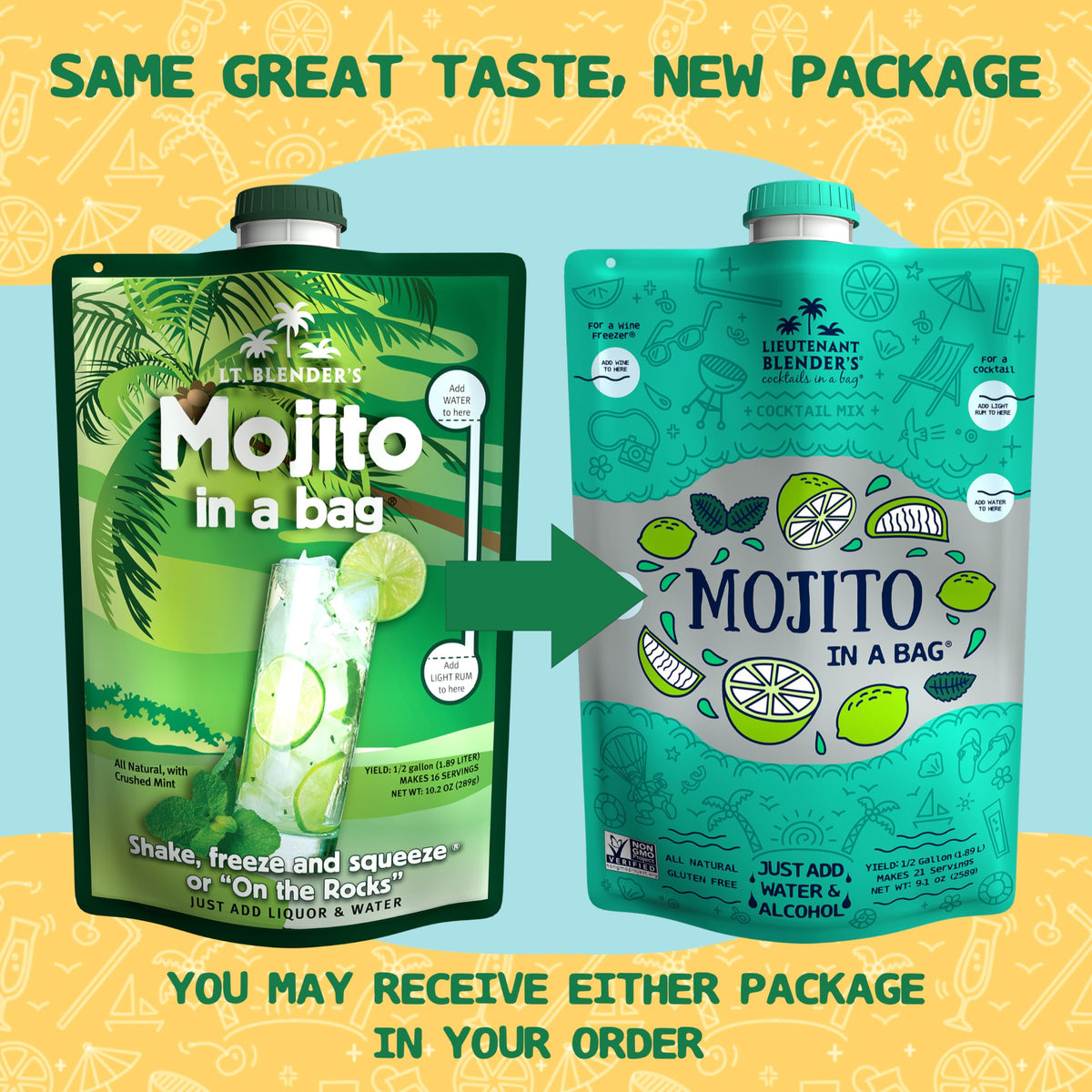 Mojito in a Bag slush-ready mix poured into a chilled glass