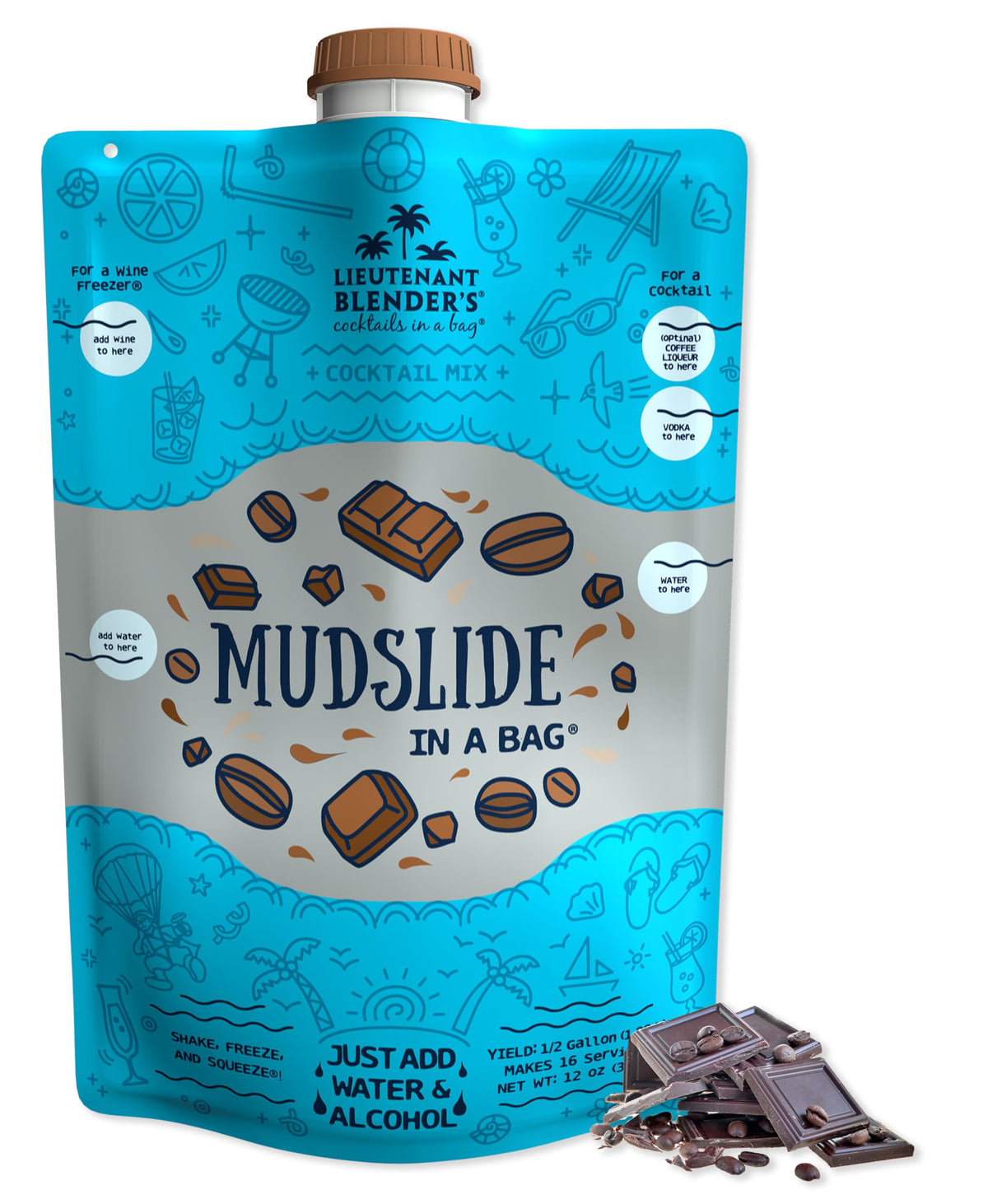 Lt. Blender Mudslide bag front closeup with creamy chocolate coffee mix for easy entertaining.