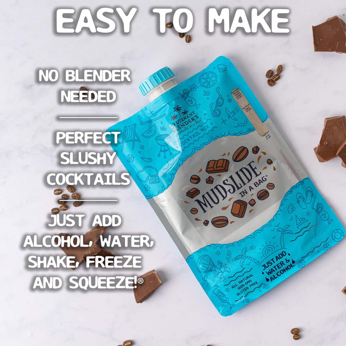 Lt. Blender Mudslide bag shake-glass scene showing ready-to-freeze slushy convenience.