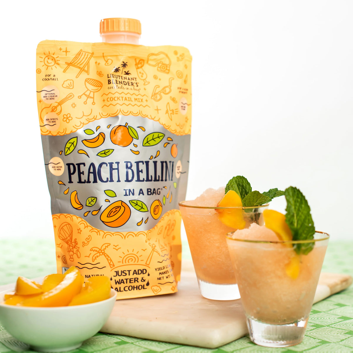 Lt. Blender Peach Bellini in a Bag non-alcohol option for refreshing mocktails