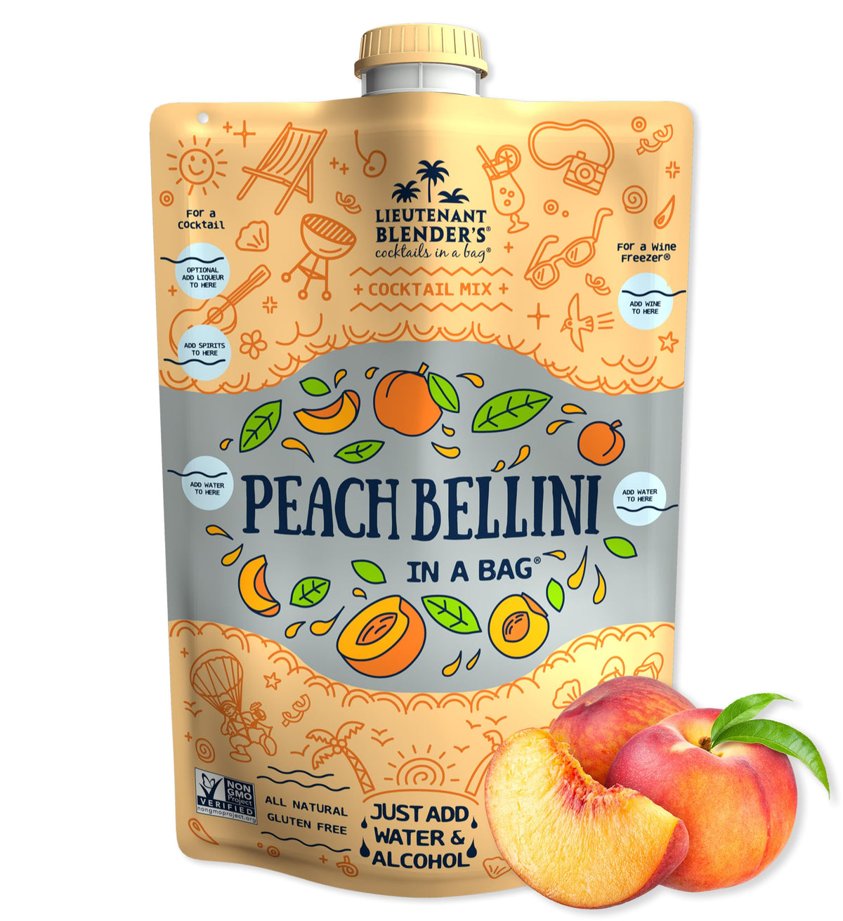 Lt. Blender Peach Bellini in a Bag pour-ready mix for quick frozen cocktails