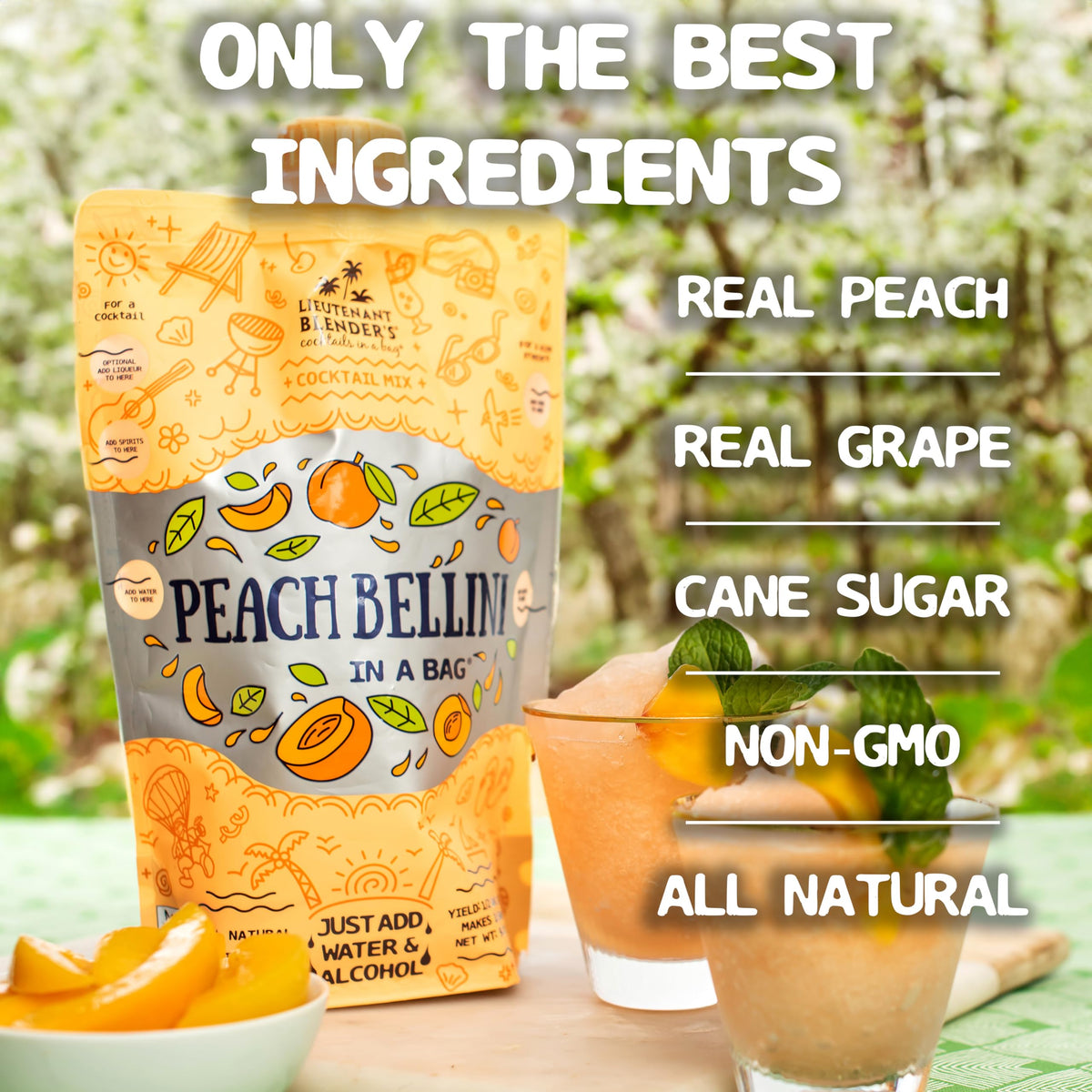 Lt. Blender Peach Bellini in a Bag serve-ready slush in a glass