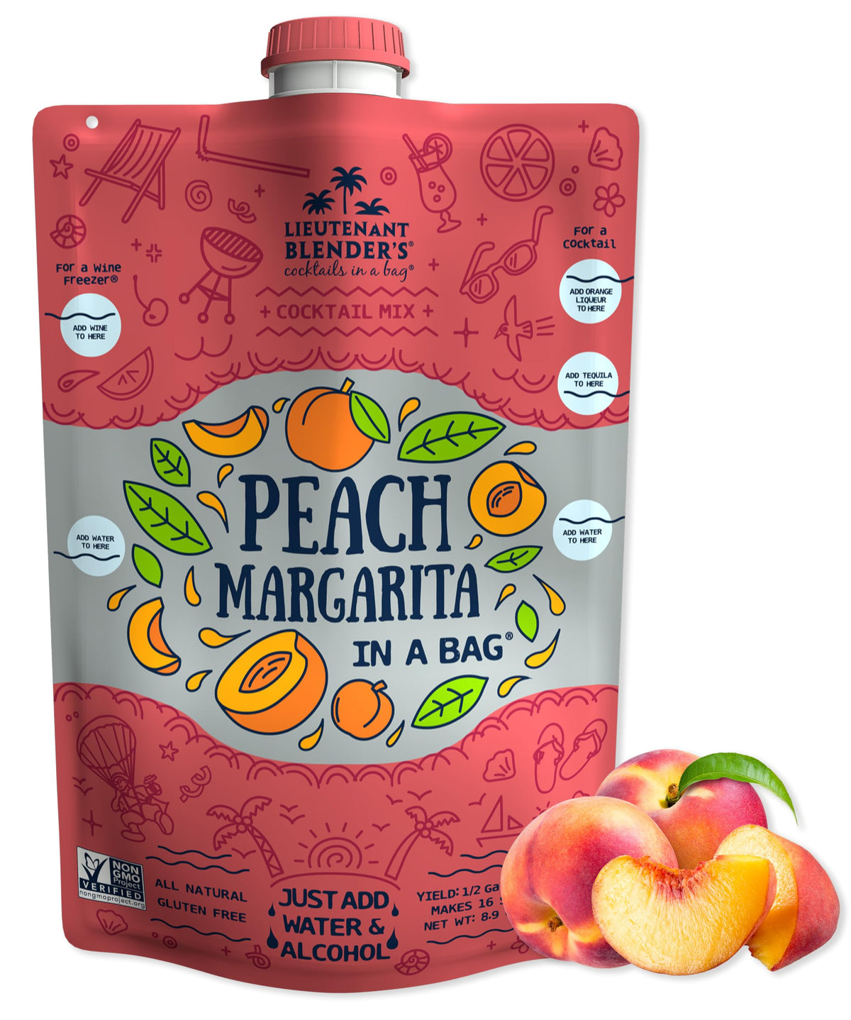 Lt. Blender Peach Margarita in a Bag mix-assembly for quick, blender-free cocktails
