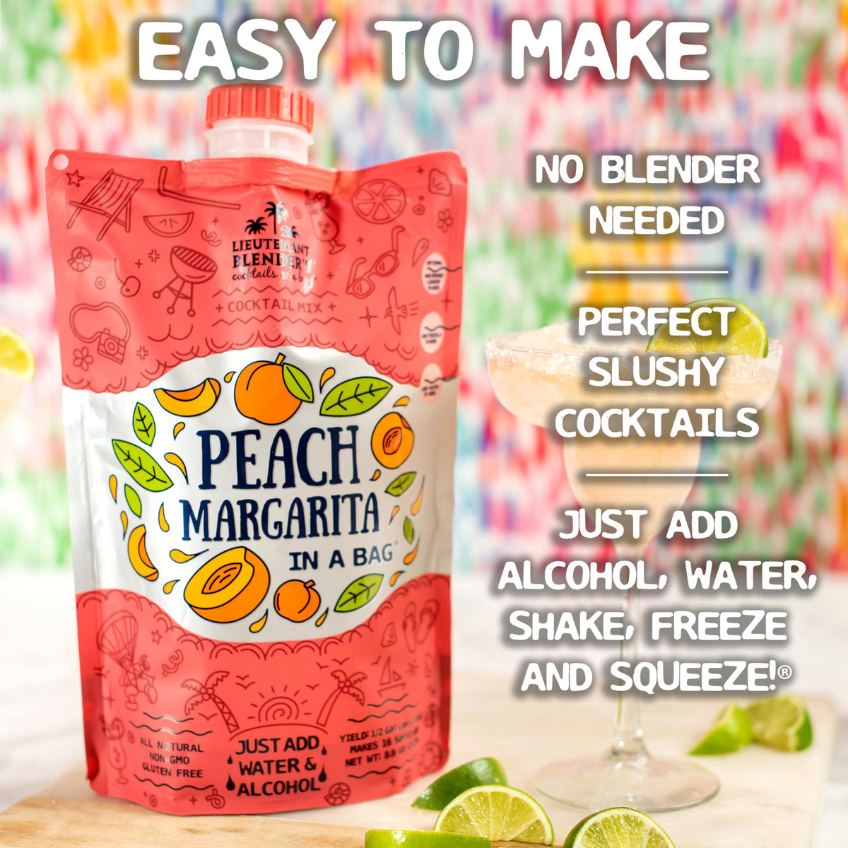Lt. Blender Peach Margarita in a Bag pour-shot showing easy serving