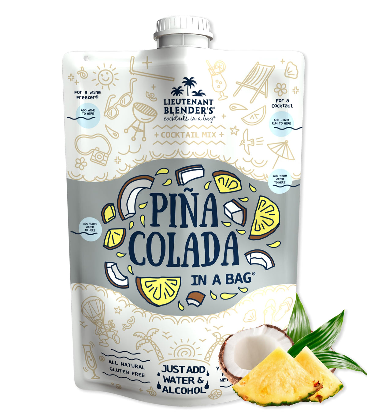 Lt. Blender Pina Colada in a Bag ready-to-serve pour for outdoor parties.