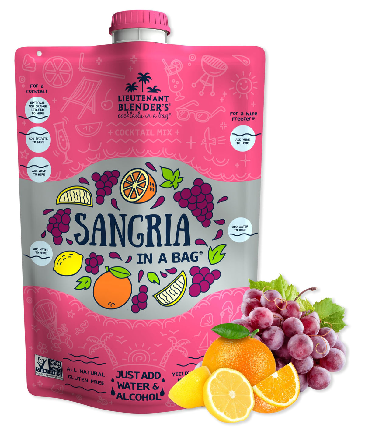 Lt. Blender Sangria in a Bag packaging showcases convenient, portable mix for party-ready drinks.