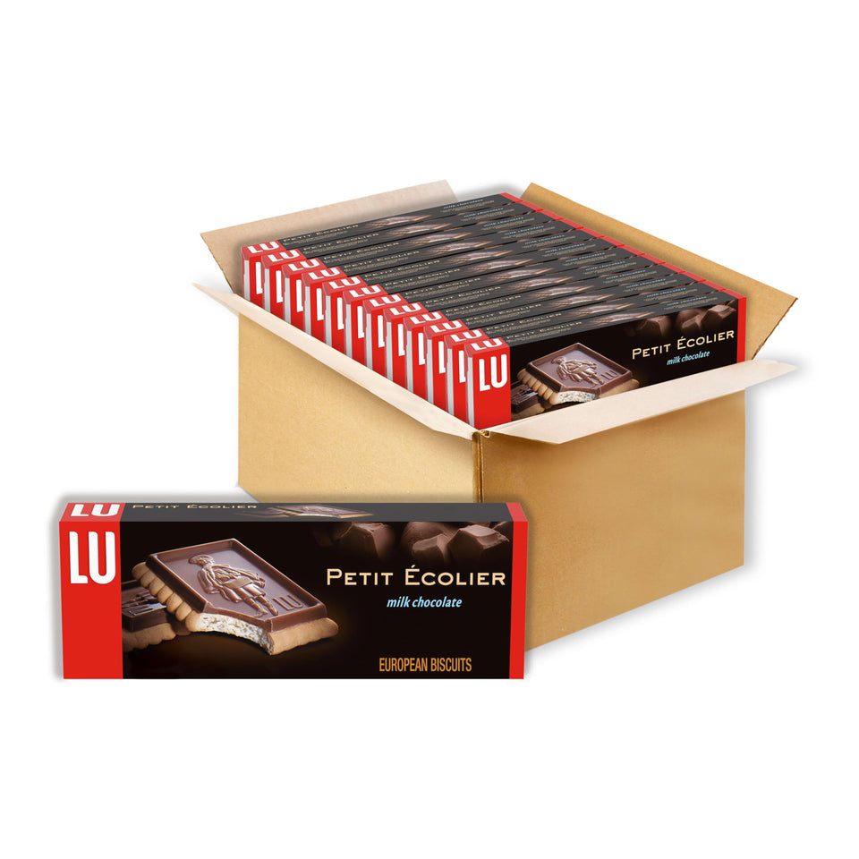 LU Petit Ecolier milk chocolate biscuits in a box set, ideal for upscale gatherings.