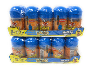 Close-up of Lucas Mango Dispenser highlighting easy pop-open lid for quick treats