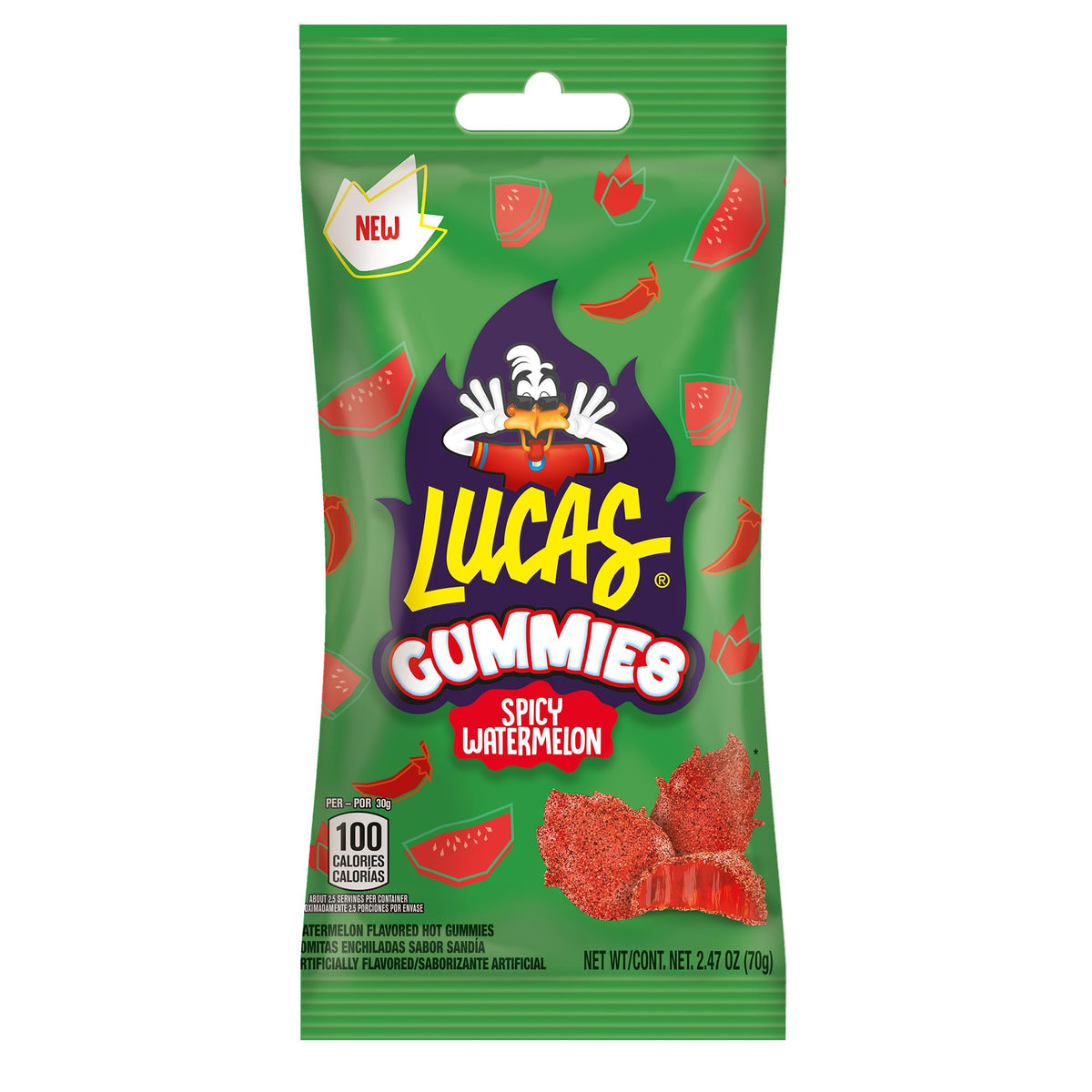 Lucas Spicy Gummies Watermelon close-up shows bold flavor and texture