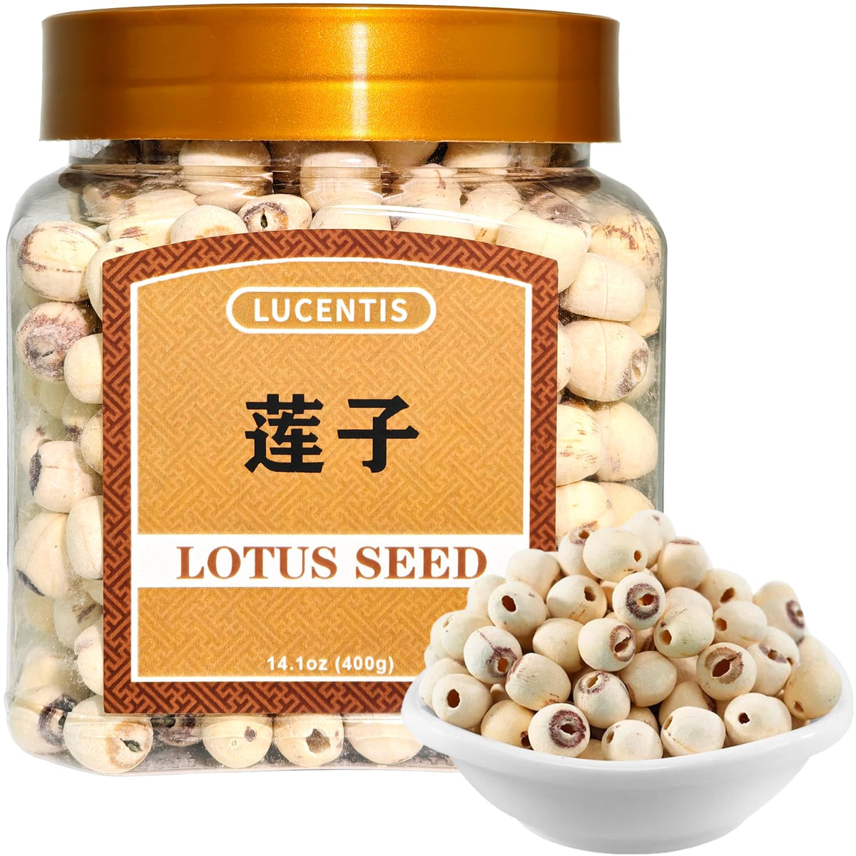 Lucentis dried lotus seeds pack shot, showcasing natural quality for herbal tea and cooking.