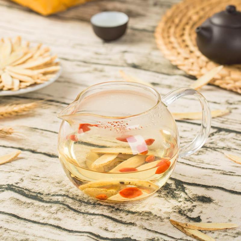 Dry Lucentis Huangqi tea slices arranged in a clear storage jar.