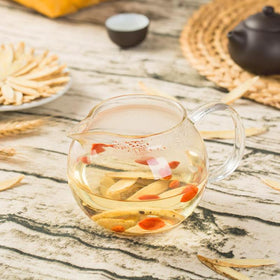 Dry Lucentis Huangqi tea slices arranged in a clear storage jar.