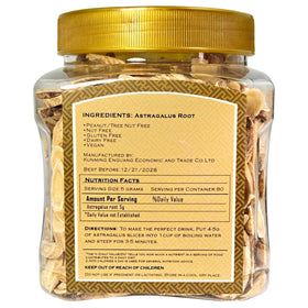 Hot cup of Lucentis Huangqi tea made from sliced astragalus.