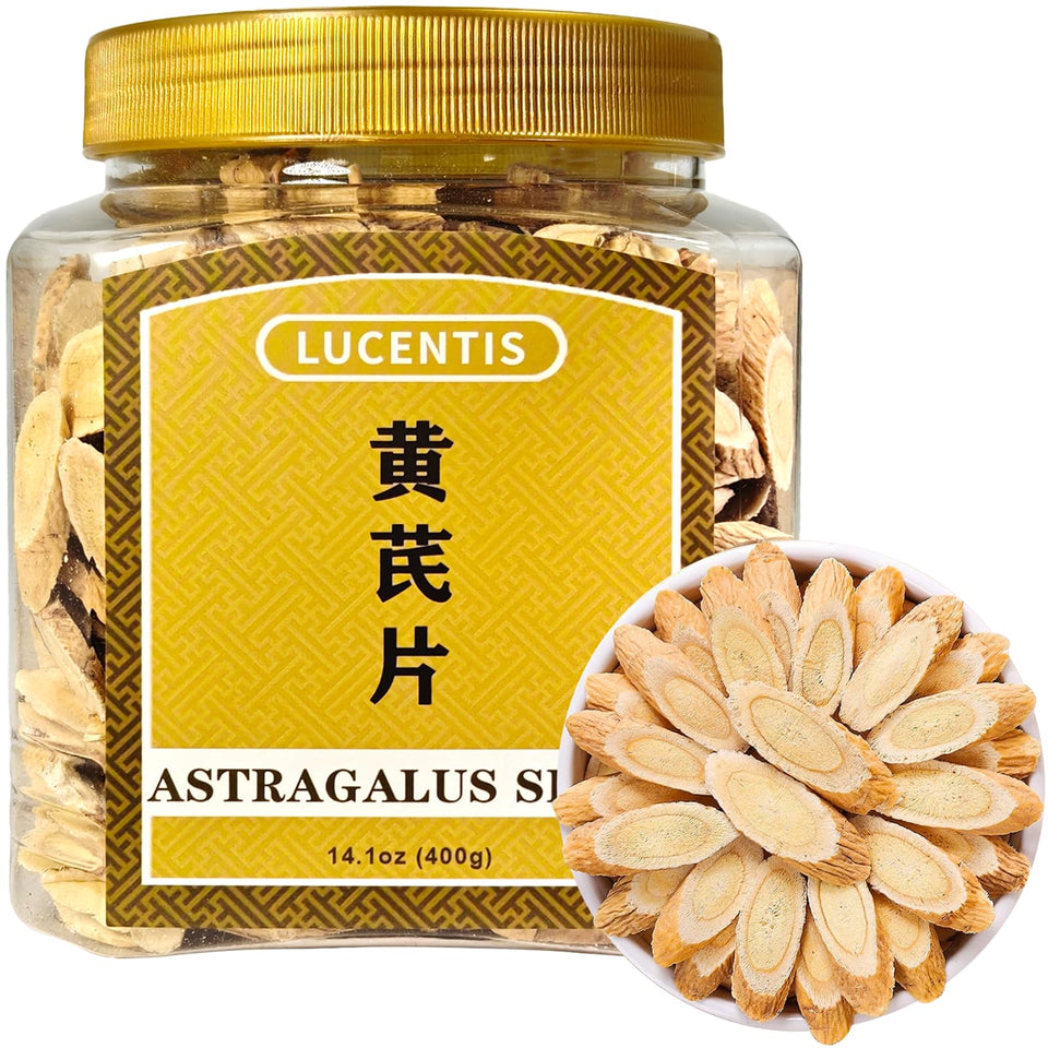 Lucentis Huangqi tea slices packaging for pure, additive-free herbal tea.