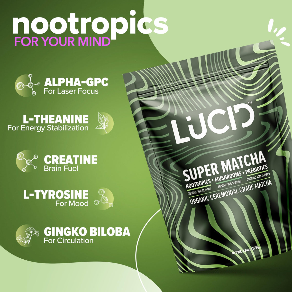 Lucid Tremella mushroom powder in matcha adds velvety texture.