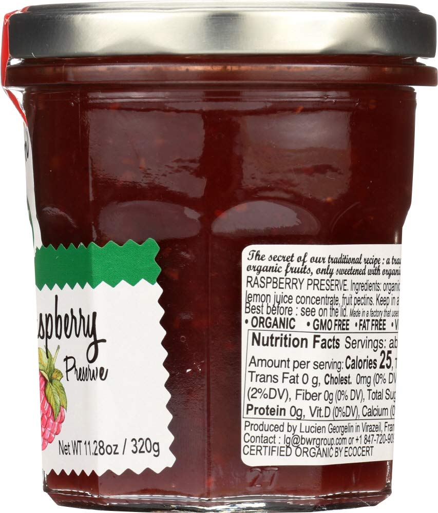 LUCIEN GEORGELIN raspberry preserves label close-up showing USDA Organic trust.