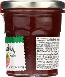 LUCIEN GEORGELIN raspberry preserves label close-up showing USDA Organic trust.