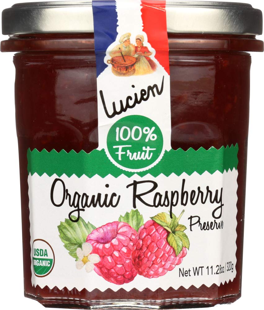 LUCIEN GEORGELIN organic raspberry spread jar on wood, perfect for toast and yogurt.