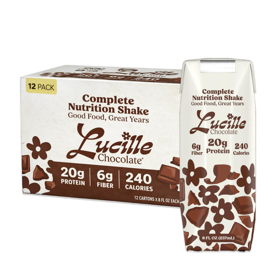 Lucille Complete Nutrition Shake Chocolate in 8oz bottle for on-the-go energy.