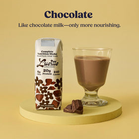 Close-up of Lucille shake label highlighting lactose-free and gluten-free formula.