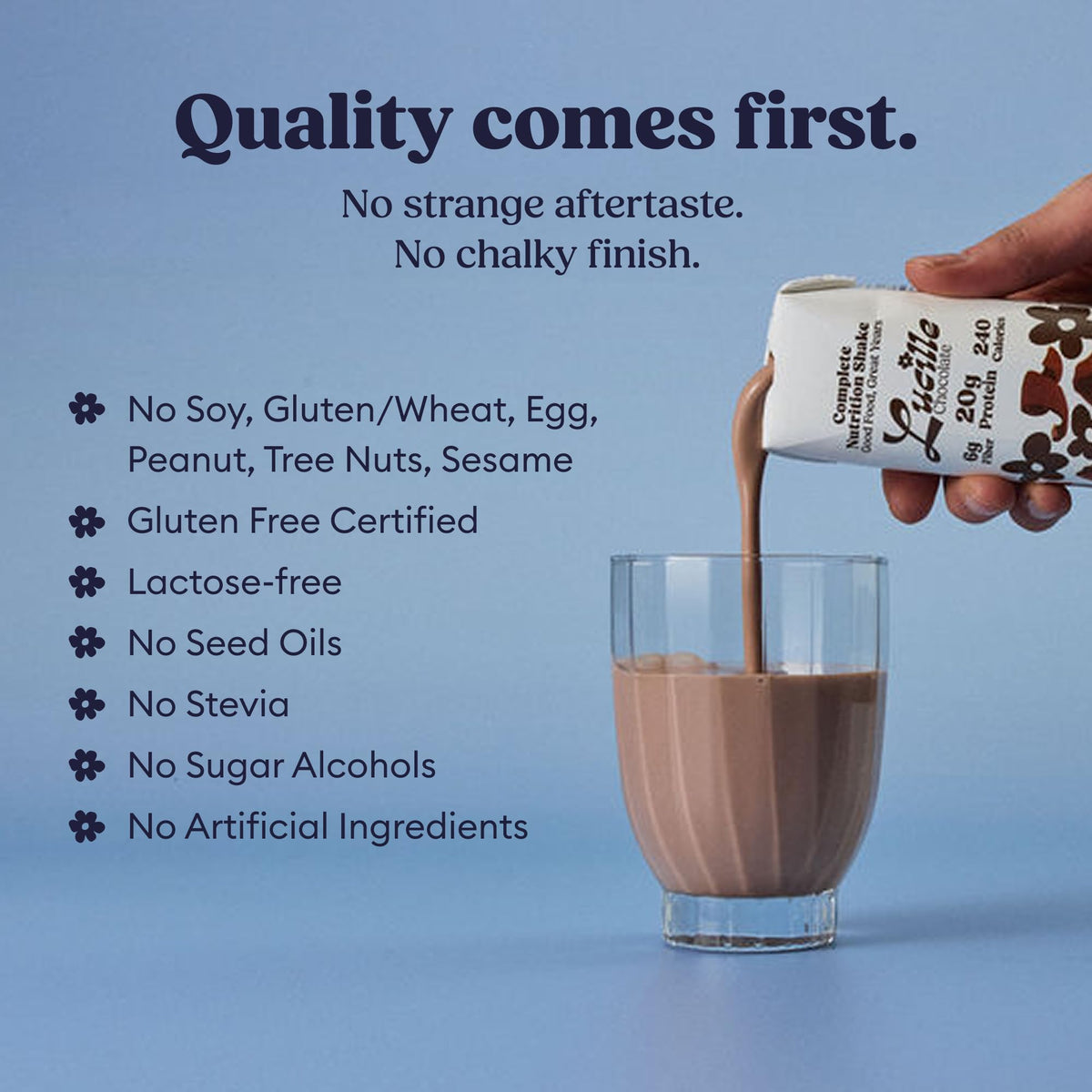 Ready-to-drink Lucille packaging featuring 20g protein and 6g fiber.