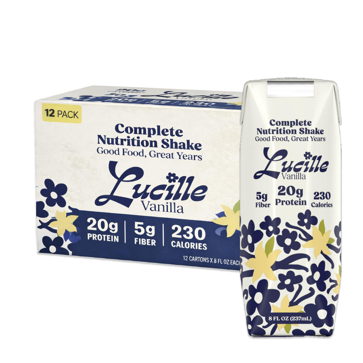 Lucille Complete Nutrition Vanilla Shake 8oz bottle, convenient daily nutrition on busy days.