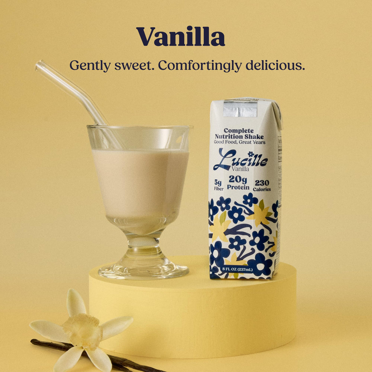 Lucille Complete Nutrition Vanilla Shake poured into glass, smooth texture highlights ready-to-drink convenience.