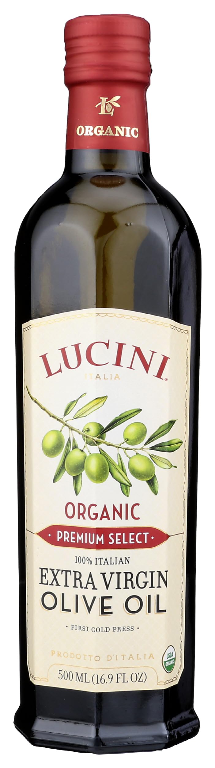 Lucini extra virgin olive oil bottle pour highlights premium quality and fresh flavor.