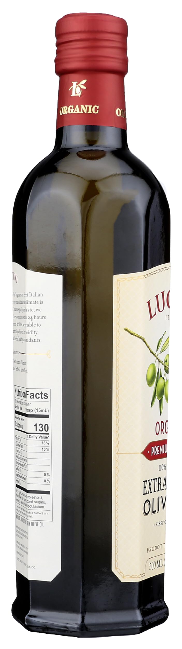 Lucini 500 mL packaging image emphasizes compact, premium bottle for the kitchen.