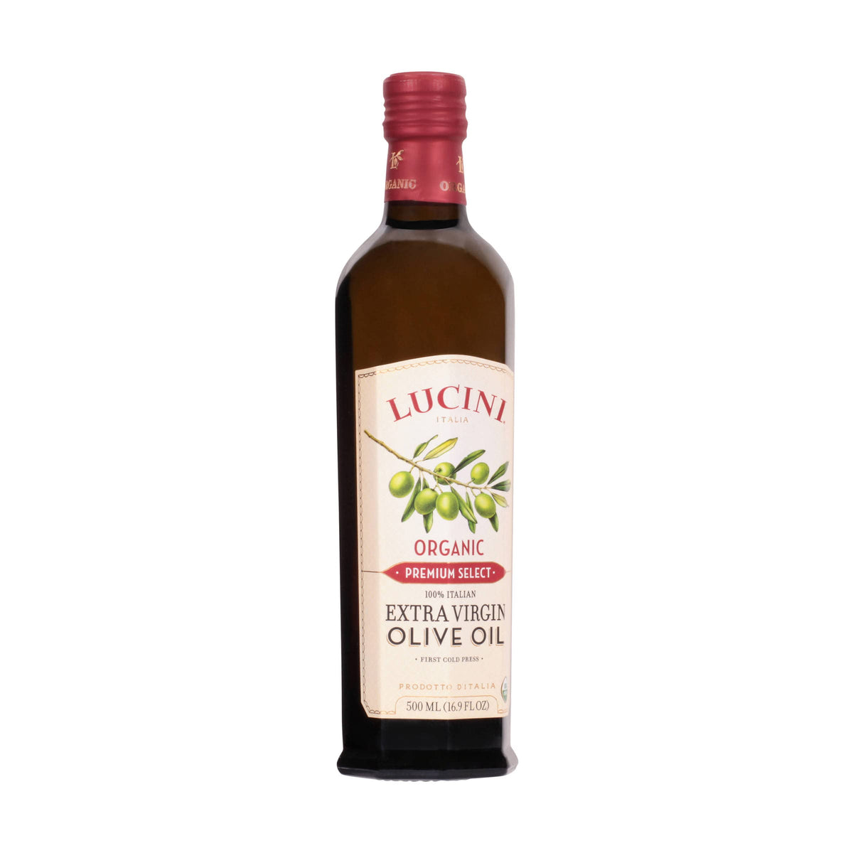 Lucini olive oil from a Tuscan estate evokes sustainable farming and artisanal production.