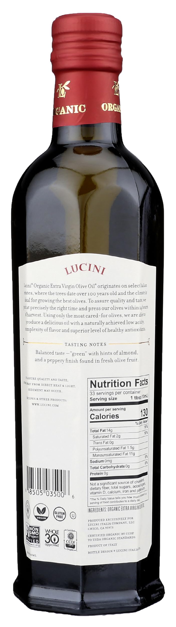 Lucini organic olive oil label closeup shows organic certification and Tuscany origins.