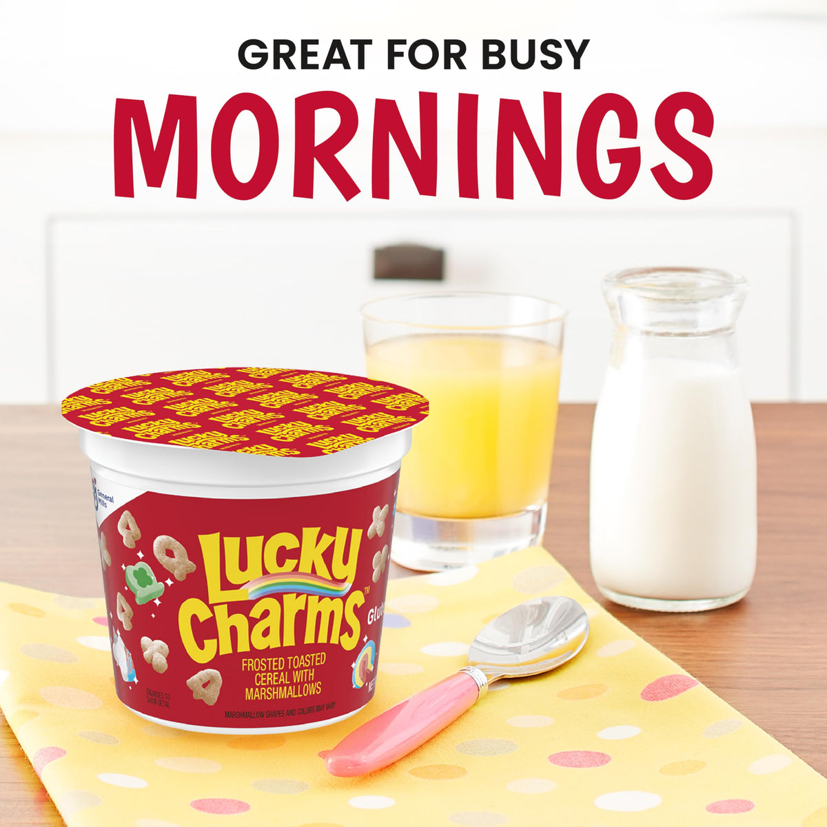 Lucky Charms cereal cup pouring milk demonstrates quick serving routine.