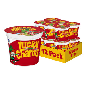 Lucky Charms gluten-free cereal cups pack front image shows convenient breakfast on the go.