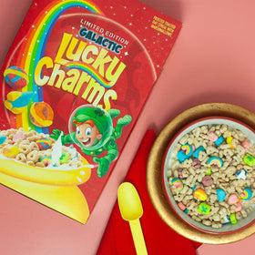 Lucky Charms stacked display illustrates share-friendly, gluten-free cereal option.